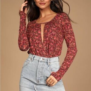 Free People Burgundy Floral Bodysuit